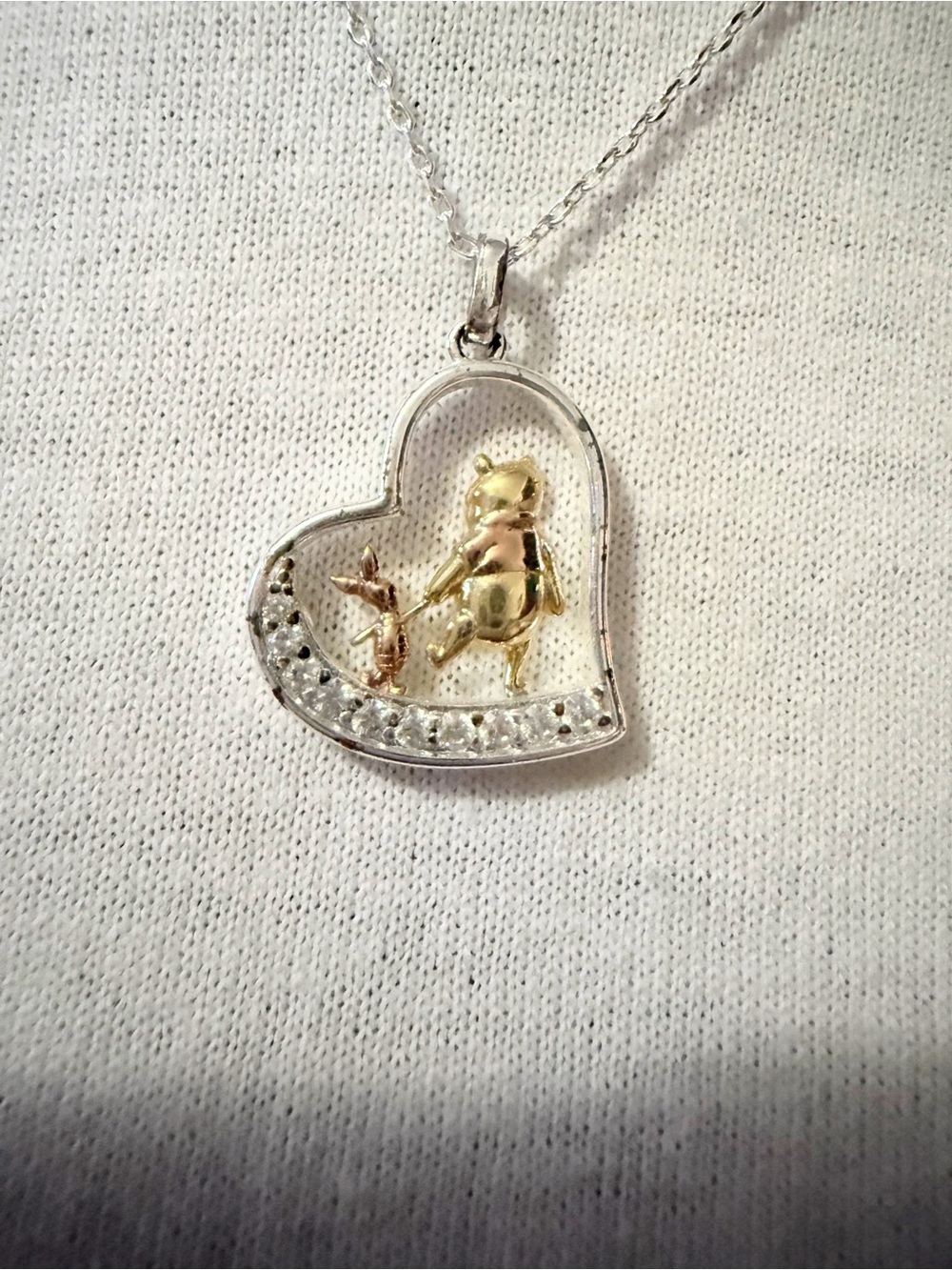 Gold and Silver Heart Pendant Necklace with Winnie the Pooh and Piglet